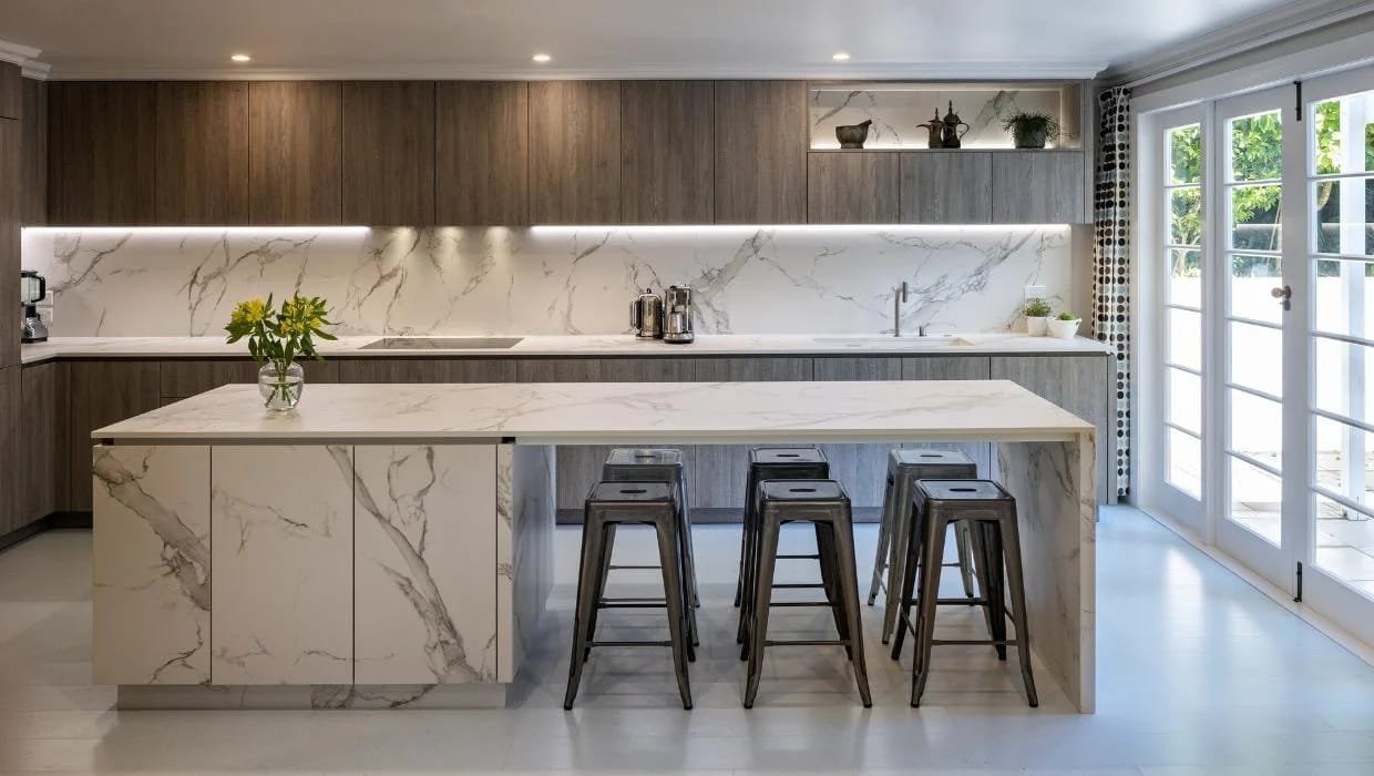A dark, high-gloss polyurethane kitchen island