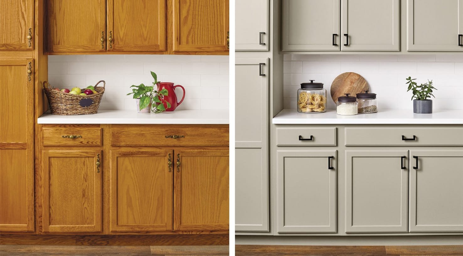 Before and after photo of a kitchen cabinet facelift completed by Kitchen Transformations