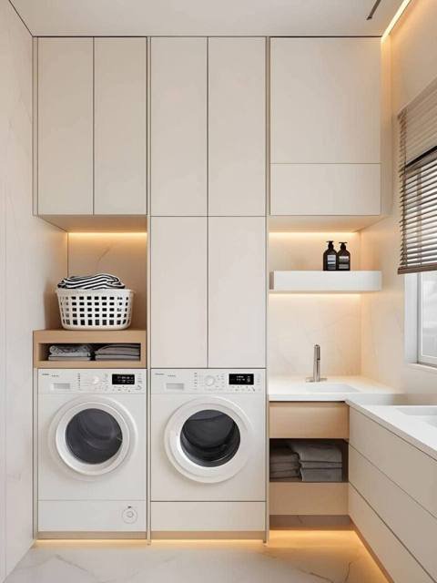 A laundry with tall cream laminate cabinets and warm under-cabinet lighting