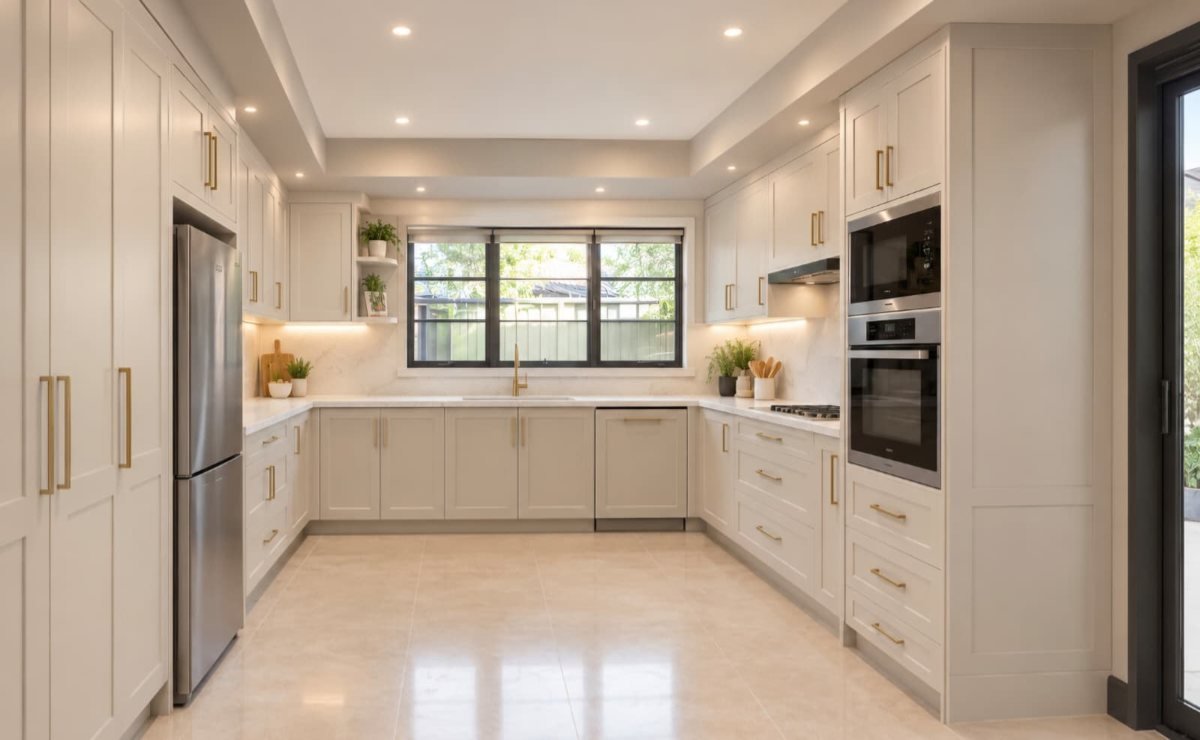The same kitchen after its facelift, with cream shaker-style cabinets and a stone benchtop