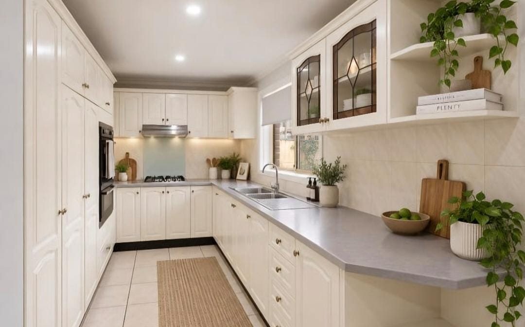 A finished kitchen with cream arched cabinet doors, glass-fronted cabinets and a grey benchtop