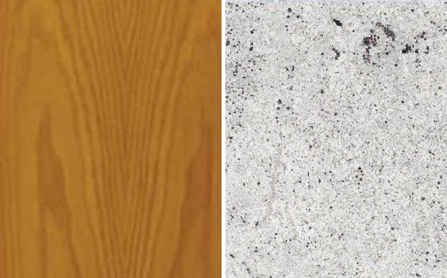 A timber cabinet door panel beside a granite stone sample